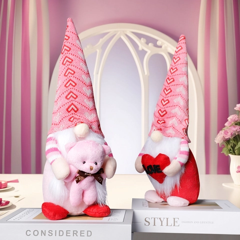 Valentinstag Gnom Plüschpuppe Rosa Gesichtslose Zwergenpuppe Mit Herz Und Bär Dekor Für Home Festive Tischdekoration