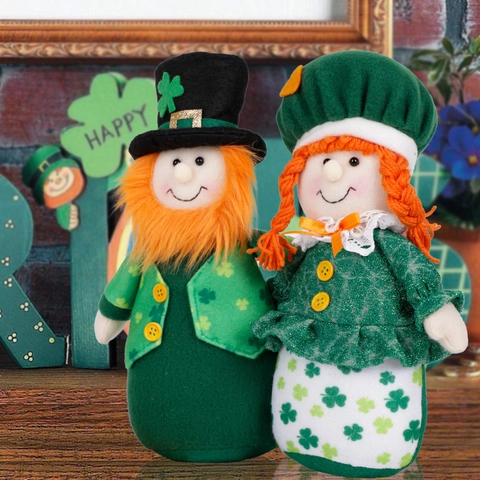 St. Patrick's Day Gnome Couple Plush Leprechaun With Clover Shamrock Green Beard Braids For Holiday Party Home Table Decor
