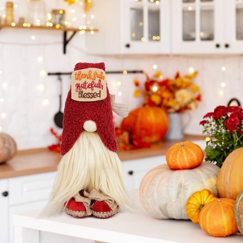 Gnome de l'Action de Grâce Poupée en Peluche Vieux sans Visage Broderie Rouge Nordique Décoration de Table Maison