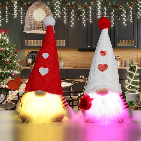 Valentine's Day Gnome Plush LED Lighted Ornament Polyester Knitted Sequin Heart Rose Faceless Doll Home Party Decoration Gift