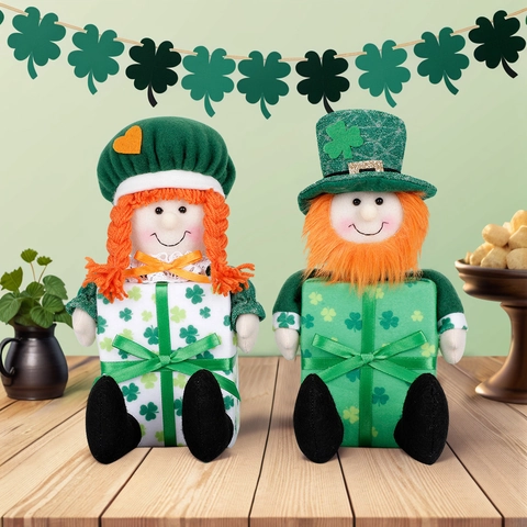 St. Patrick's Day Leprechaun Zwerg Plüschpuppe Mit Kleeblatt Muster Grüne Geschenkbox Geformte Dekofigur Für Haus Party