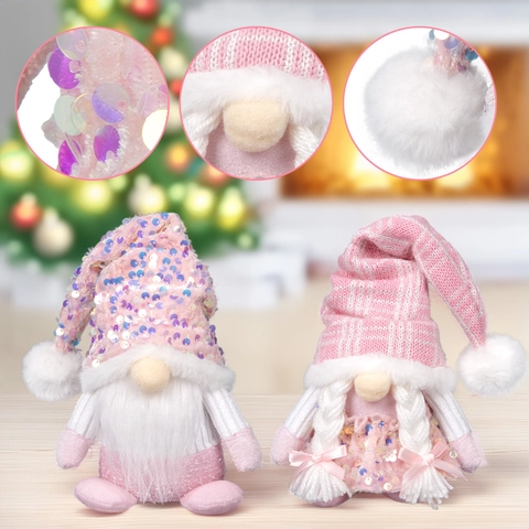 Pink Christmas Gnome Plush Doll With Sequin Hat And Braids Nordic Faceless Toy For Xmas Table Decoration Home Party Gift