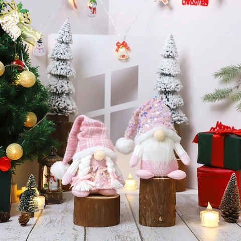 Pink Christmas Gnome Plush Doll With Sequin Hat And Braids Nordic Faceless Toy For Xmas Table Decoration Home Party Gift