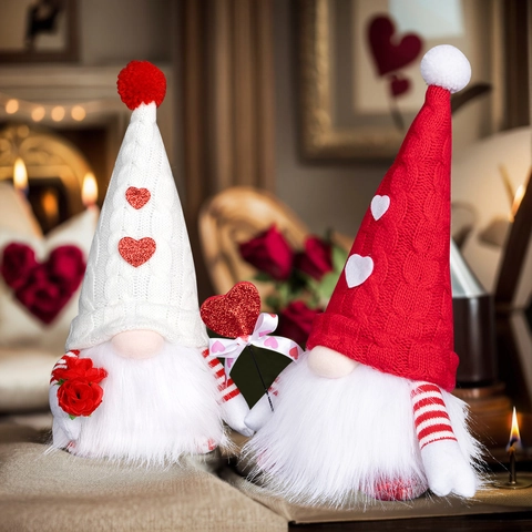 Valentine's Day Gnome Plush LED Lighted Ornament Polyester Knitted Sequin Heart Rose Faceless Doll Home Party Decoration Gift