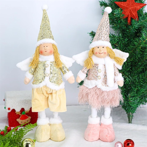 Christmas Angel Doll Sequin Plush Ornament Retractable Standing Fairy Figurine Home Window Desktop Decoration Holiday Gift