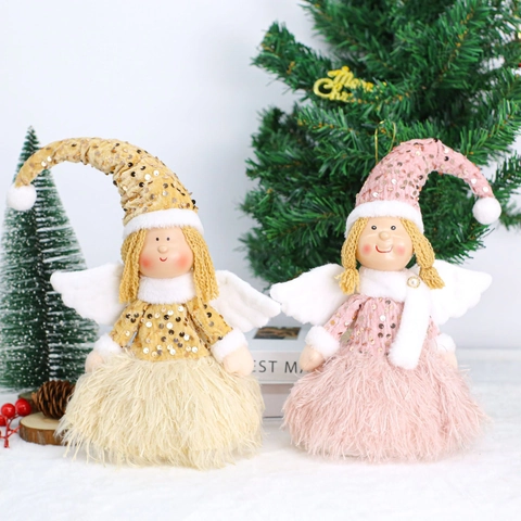 Christmas Angel Plush Doll Sequin Hat Feather Wings Standing Figurine Xmas Home Window Display Tabletop Decoration Gift