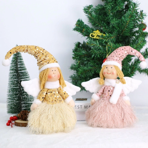 Christmas Angel Plush Doll Sequin Hat Feather Wings Standing Figurine Xmas Home Window Display Tabletop Decoration Gift