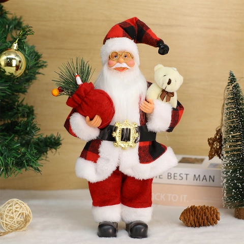 Staande Kerstman Figuur Kerstversiering Rood Zwart Ruitjes Ornament Met Beer En Cadeauzak Voor Huisdecoratie