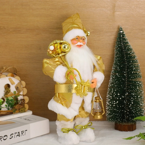 Luxuriöse Goldene Stehende Weihnachtsmannfigur Festlicher Stoffschmuck Mit Laterne Geschenktüte Weihnachtsdeko Für Haus Hotel