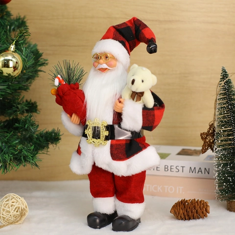 Staande Kerstman Figuur Kerstversiering Rood Zwart Ruitjes Ornament Met Beer En Cadeauzak Voor Huisdecoratie