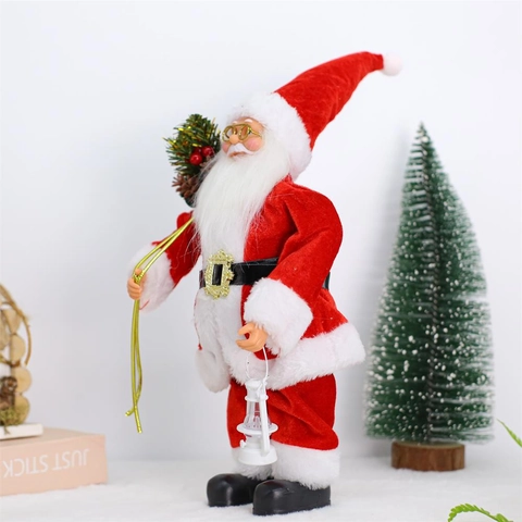 Staande Kerstman Figuur Decoratie Met Lantaarn En Cadeauzak Rood Fluwelen Pak Kerstversiering Voor Huisfeest Cadeau