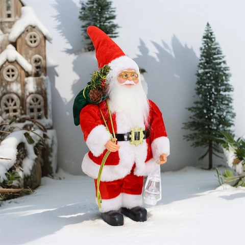 Traditionele Staande Kerstman Figuur Met Lantaarn En Cadeauzak Rood Pluche Kerstversiering Voor Vakantie Huis Decor