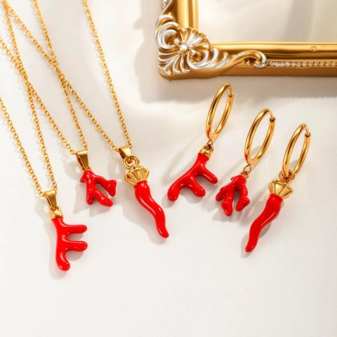 Collier Pendentif Piment Bois de Cerf en Acier Inoxydable Boucles d'Oreilles Créoles Corne Italienne Branche de Corail Femme