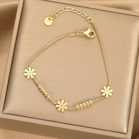 Bracelet en Acier Inoxydable Marguerite Dorée pour Femme Minimaliste Ajustable Zircone Cubique Bijoux Cadeau