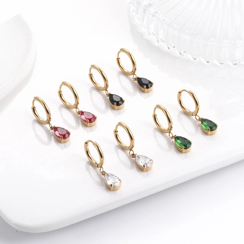 Teardrop Zircon Dangle Hoop Earrings Stainless Steel Colorful Pear Cut Stone Elegant Jewelry For Women