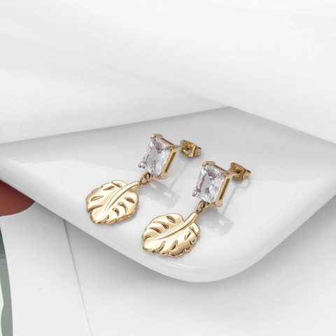 Stainless Steel Zircon Monstera Leaf Drop Earrings Gold Plated Geometric Square Zirconia Tropical Plant Jewelry For Women
