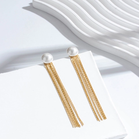 Titanium Steel Long Tassel Drop Earrings For Women Elegant Artificial Pearl Heart Geometric French Vintage Earrings Jewelry