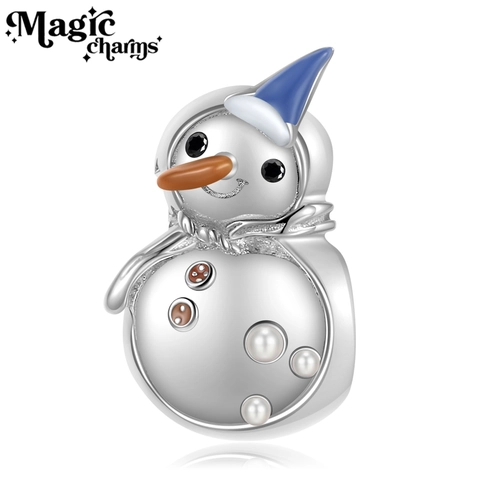 Cuenta de Dije de Muñeco de Nieve de Plata de Ley 925 Con Sombrero de Esmalte Azul Ojos de Zircón para Pulsera DIY Navidad