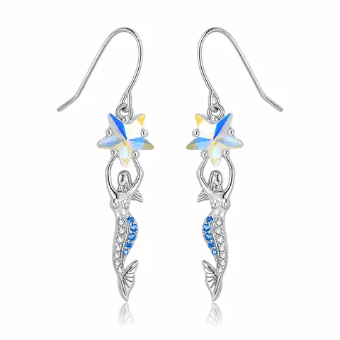 Pendientes de Gota de Plata de Ley 925 Sirena Con Estrella Cristal Irisado Zirconia Azul Blanco Joyería Para Mujer
