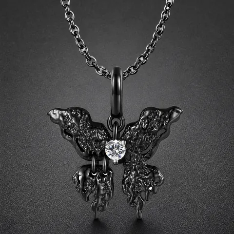 Gothic 925 Sterling Silver Butterfly Pendant Necklace With Zirconia Inlay Molten Lava Texture Niche Design For Women Men