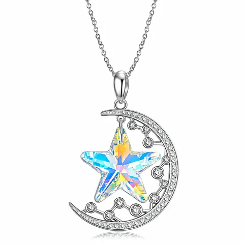 925 Sterling Silver Star Moon Pendant Necklace With Aurora Borealis Crystal Zirconia For Women Sweet Fairy Clavicle Chain