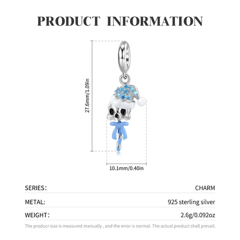 925 Sterling Silver Skull Christmas Pendant With Blue Zirconia Enamel Candy Cane Charm For Bracelet Jewelry Making Accessory