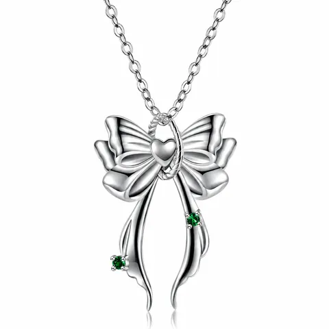 Y2K Stijl S925 Sterling Zilveren Strik Hart Ketting Hanger Voor Vrouwen Sweet Cool Strass Groene Edelsteen Sieraden