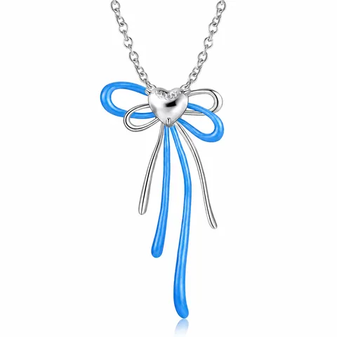 925 Sterling Zilver Blauwe Strik Hanger Ketting Voor Vrouwen Hart Strass Emaille Lint Kwastje Y2K Minimalistische Zoete Sieraden