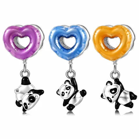 925 Sterling Silver Panda Heart Charm Bead Cute Colorful Enamel Dangle Pendant For Bracelet Making DIY Jewelry Women Gift