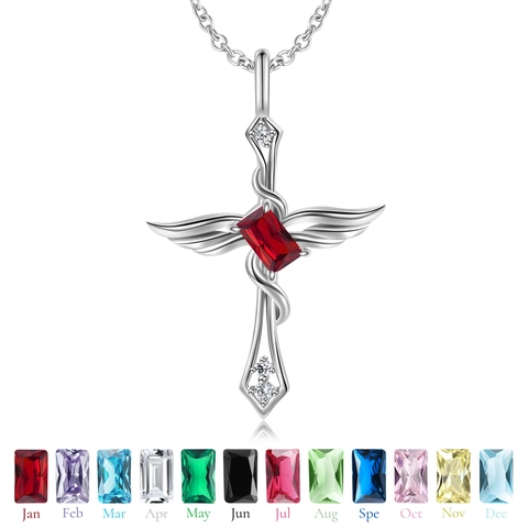 925 Sterling Silver Angel Wing Cross Necklace With Zirconia Birthstone Elegant Religious Pendant Necklace For Women Jewelry
