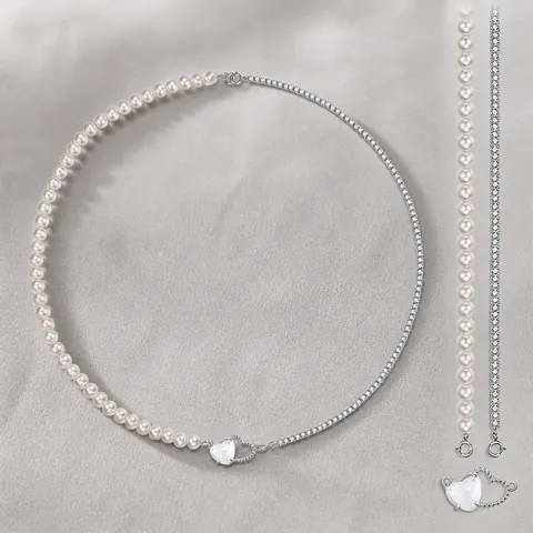 925 Sterling Silver Patchwork Necklace With Artificial Pearl Zirconia Asymmetric Heart Pendant Y2K Style Choker Jewelry For Women