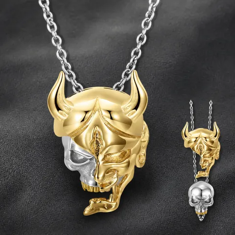 Gothic Punk 925 Sterling Silver Skull Hannya Mask Pendant Necklace For Men Women Gold Plated Artistic Skeleton Jewelry