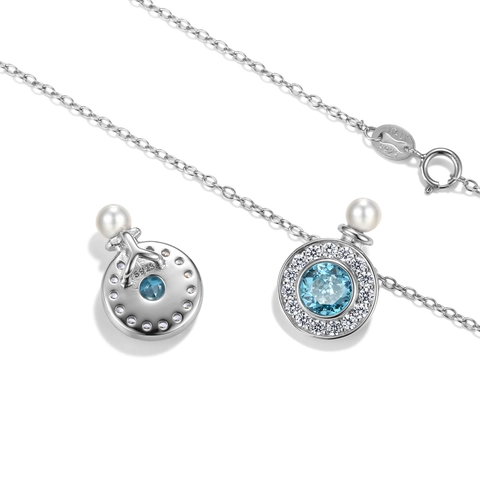 Collar de Colgante de Plata de Ley 925 Circonia Azul para Mujer Perla Artificial Halo Charm Redondo Joyería Elegante Regalo