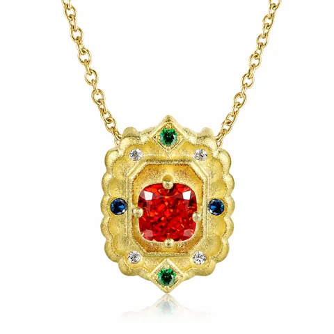 925 Sterling Silver 14K Gold Plated Vintage Red Zirconia Pendant Necklace For Women Retro Geometric Clavicle Chain Jewelry