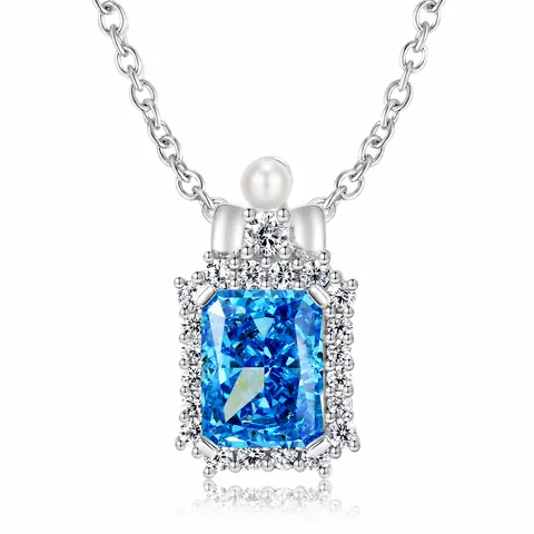Collier Pendentif en Argent Sterling 925 Zirconia Bleu Perle Artificielle Coupe Radiante Bijoux Elégants pour Femmes Cadeau