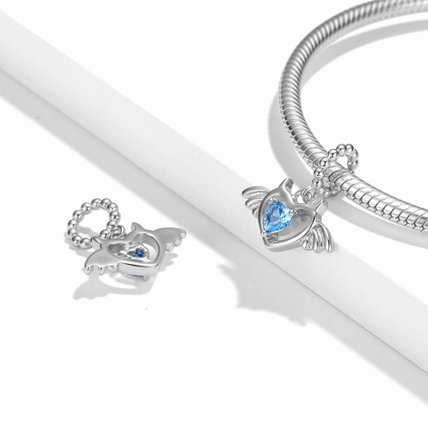 925 Sterlingsilber Herz Anhänger Teufelshorn Engelsflügel Blauer Zirkonia Eingelegt DIY Charm Für Armband Schmuckherstellung Damen
