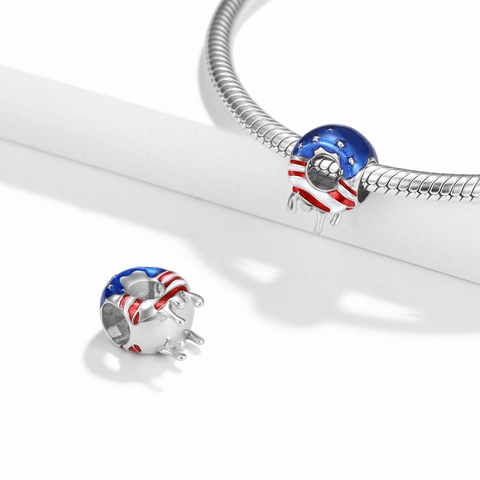 S925 Sterling Silver American Flag Donut Charm Enamel Drip Design Bead For DIY Bracelet Jewelry Making Gift For Women