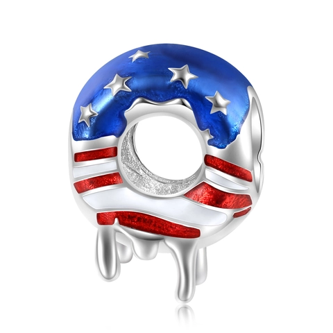 S925 Sterling Silver American Flag Donut Charm Enamel Drip Design Bead For DIY Bracelet Jewelry Making Gift For Women