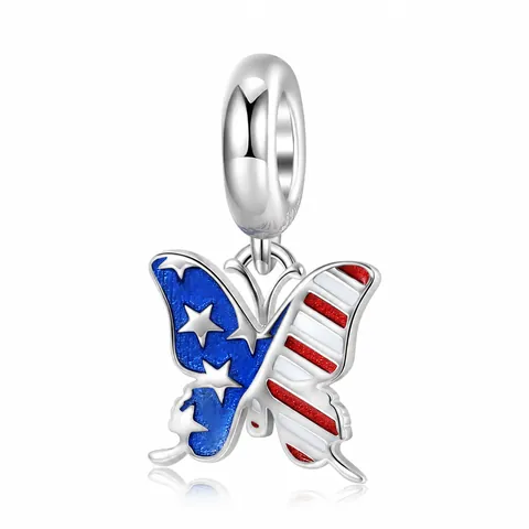 S925 Sterling Silver American Flag Butterfly Pendant Enamel Stars Stripes Charm For DIY Bracelet Necklace Jewelry Making Women Jewelry Findings