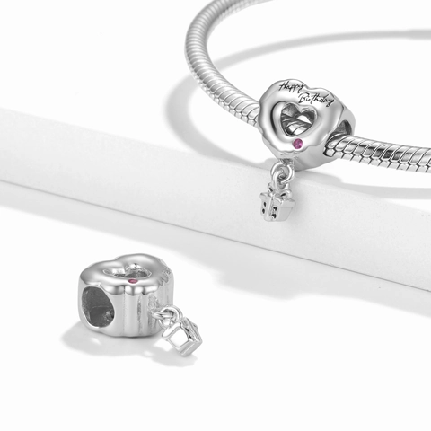 925 Sterlingsilber Happy Birthday Hohl Herz Charm Mit Geschenkbox Anhänger Strass Eingelegt DIY Armband Zubehör