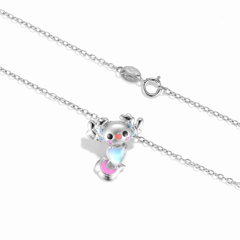 S925 Sterling Silver Axolotl Pendant Necklace Cute Cartoon Animal Enamel Heart Moonstone Jewelry Gift For Women Girls