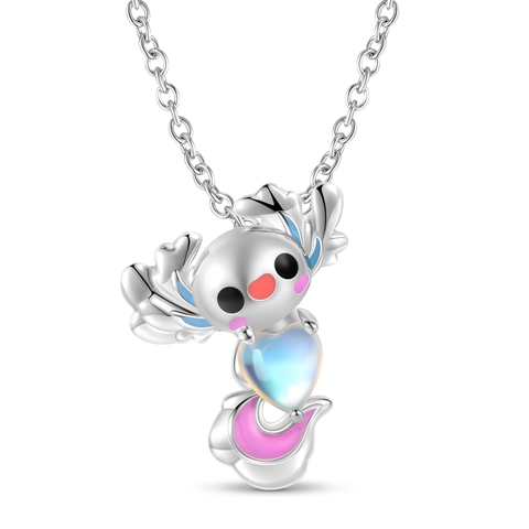 S925 Sterling Silver Axolotl Pendant Necklace Cute Cartoon Animal Enamel Heart Moonstone Jewelry Gift For Women Girls