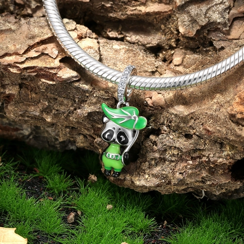 925 Sterling Silver Cute Panda With Lotus Leaf Umbrella Charm Pendant Green Enamel Zirconia For Bracelet DIY Jewelry