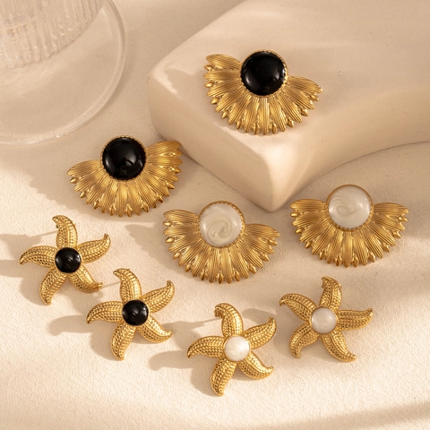 French Vintage Stainless Steel Starfish Fan Shaped Stud Earrings For Women Gold Black White Resin Inlay Fashion Jewelry Earrings