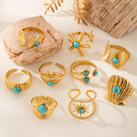 Anello Regolabile Aperto in Acciaio Inossidabile per Donna Placcato Oro Bohemian Marine Stella Marina Conchiglia Sole Labbra Gioielli Strass Regalo