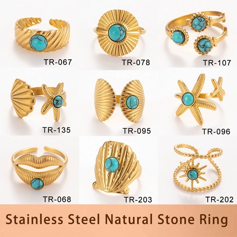 Anello Regolabile Aperto in Acciaio Inossidabile per Donna Placcato Oro Bohemian Marine Stella Marina Conchiglia Sole Labbra Gioielli Strass Regalo