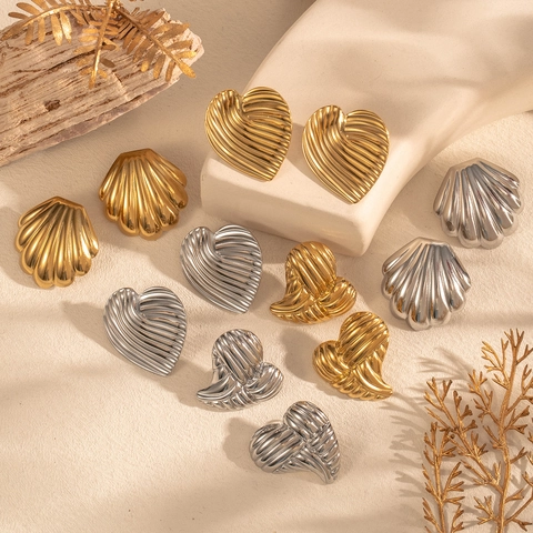 Boucles d'Oreilles Clous Minimalistes en Acier Inoxydable Cœur Texture Coquille pour Femmes Boucles d'Oreilles Vintage Géométriques