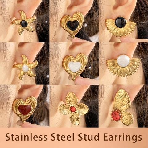 Vintage Stainless Steel Heart Starfish Flower Stud Earrings 18K Gold Plated Enamel Drip Oil Earrings Jewelry For Women