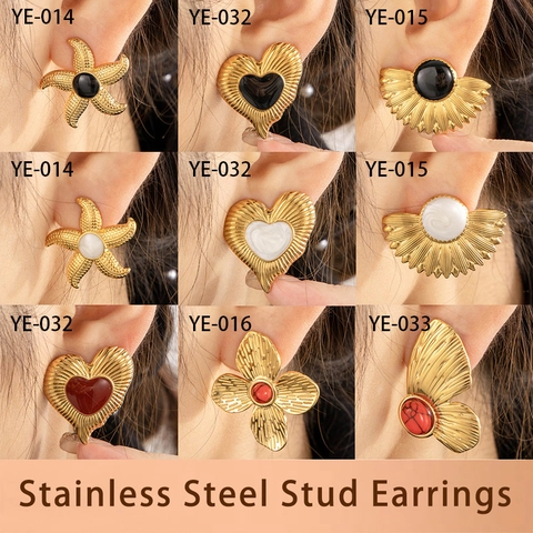 Vintage Stainless Steel Heart Starfish Flower Stud Earrings 18K Gold Plated Enamel Drip Oil Earrings Jewelry For Women