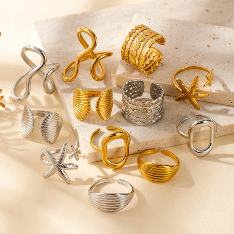 Anello Aperto in Acciaio Inossidabile Minimalista Donna Uomo Placcato Oro Argento Geometrico Stella Marina Conchiglia Anello
